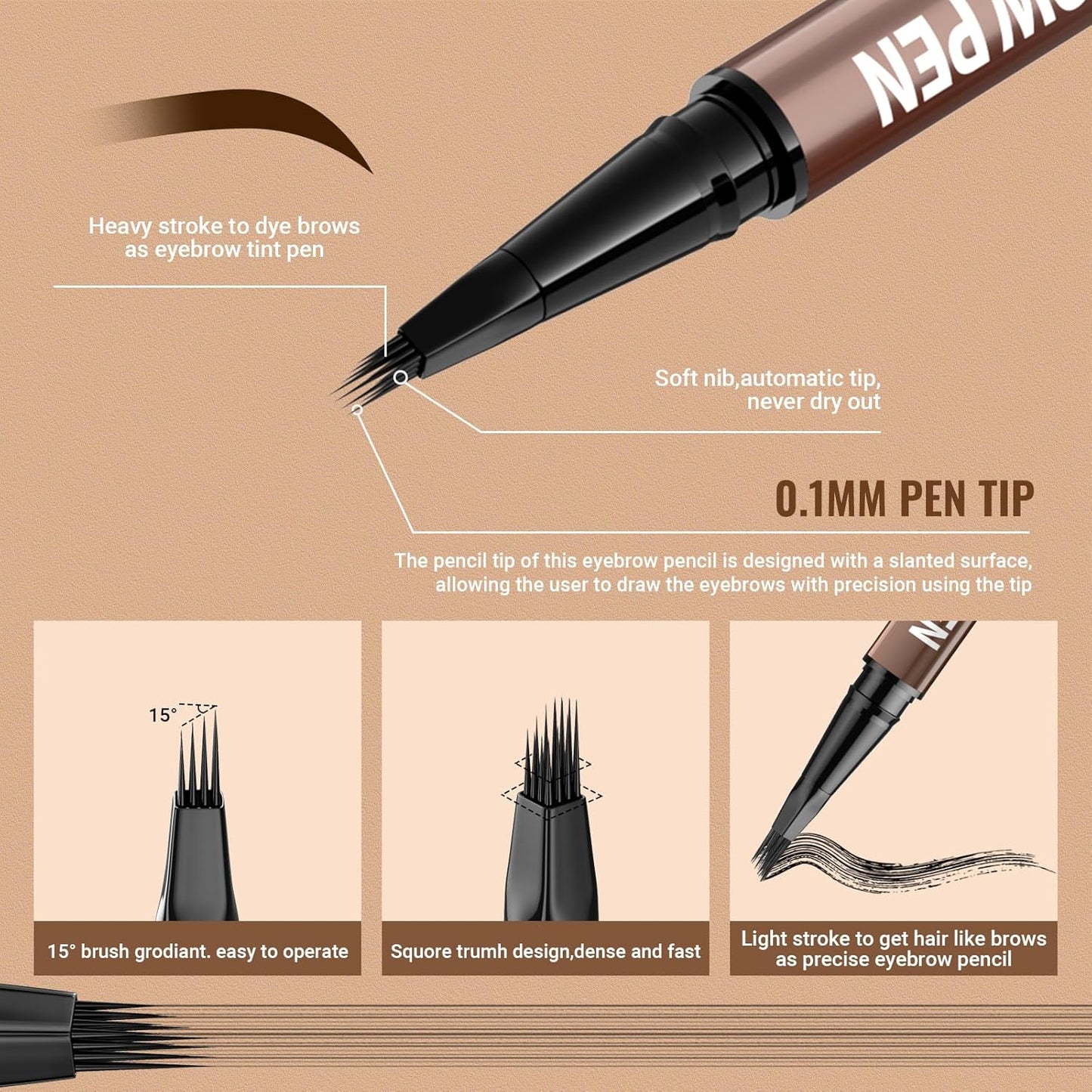 4D Brow Pen, 2-in-1 Waterproof Microblading Eyebrow Pencil with Dual-Ended Eyeliner Brush
