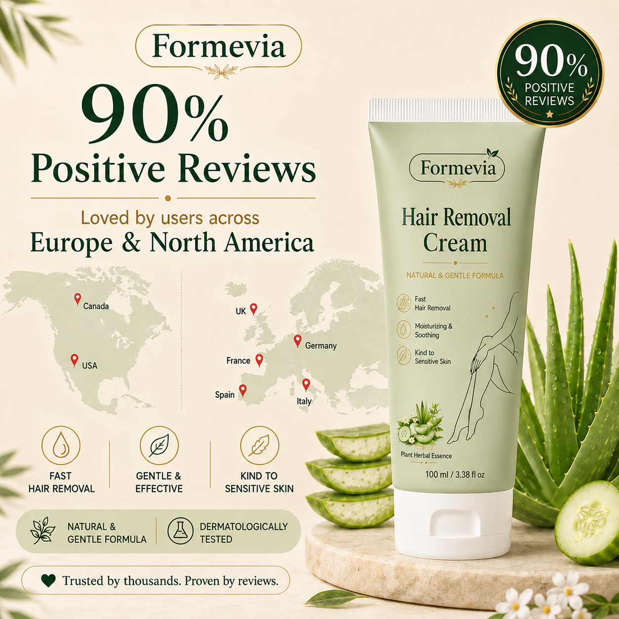 Formevia™ Natural Gentle Hair Removal Cream | For Women & Men, Sensitive Skin