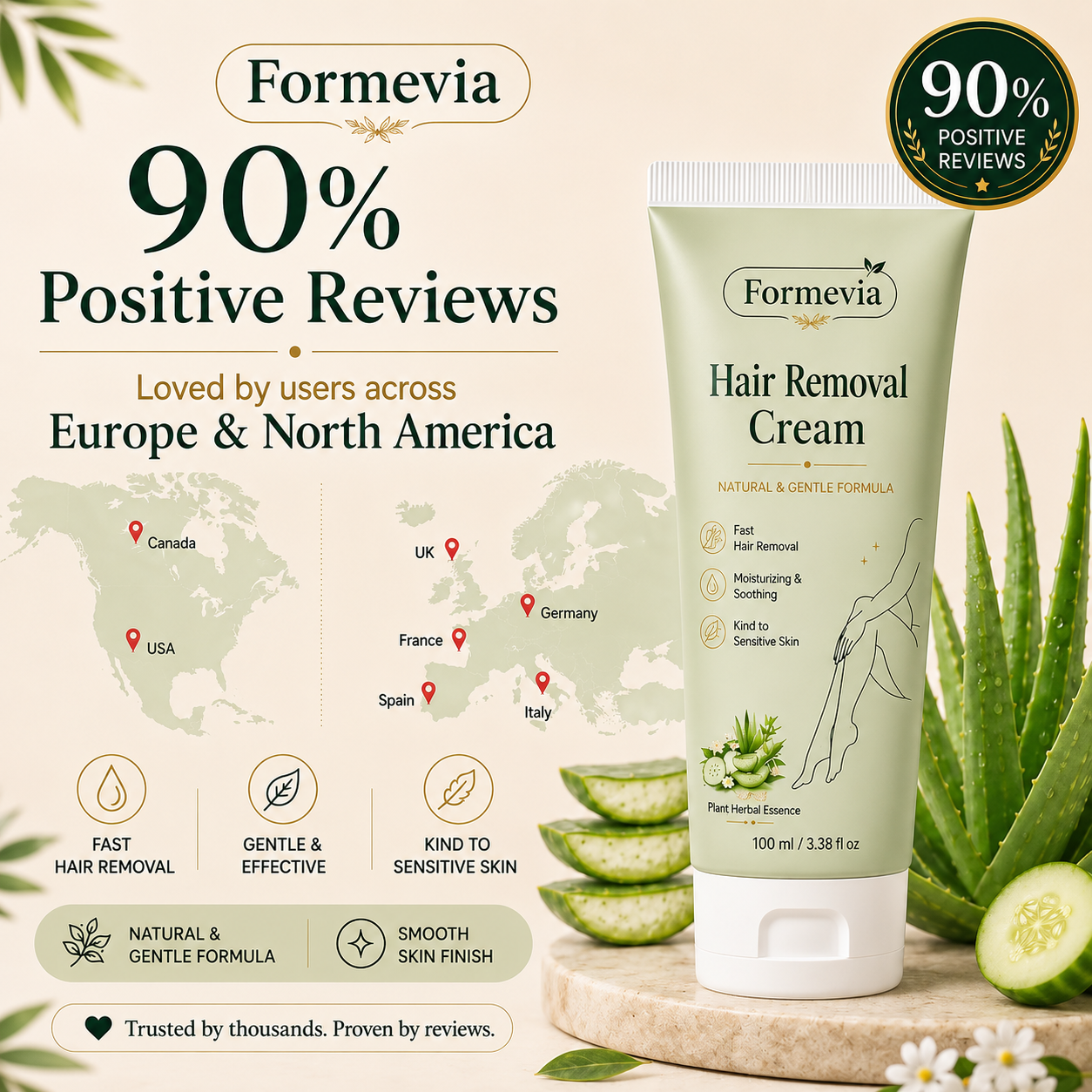 Formevia™ Natural Gentle Hair Removal Cream | For Women & Men, Sensitive Skin